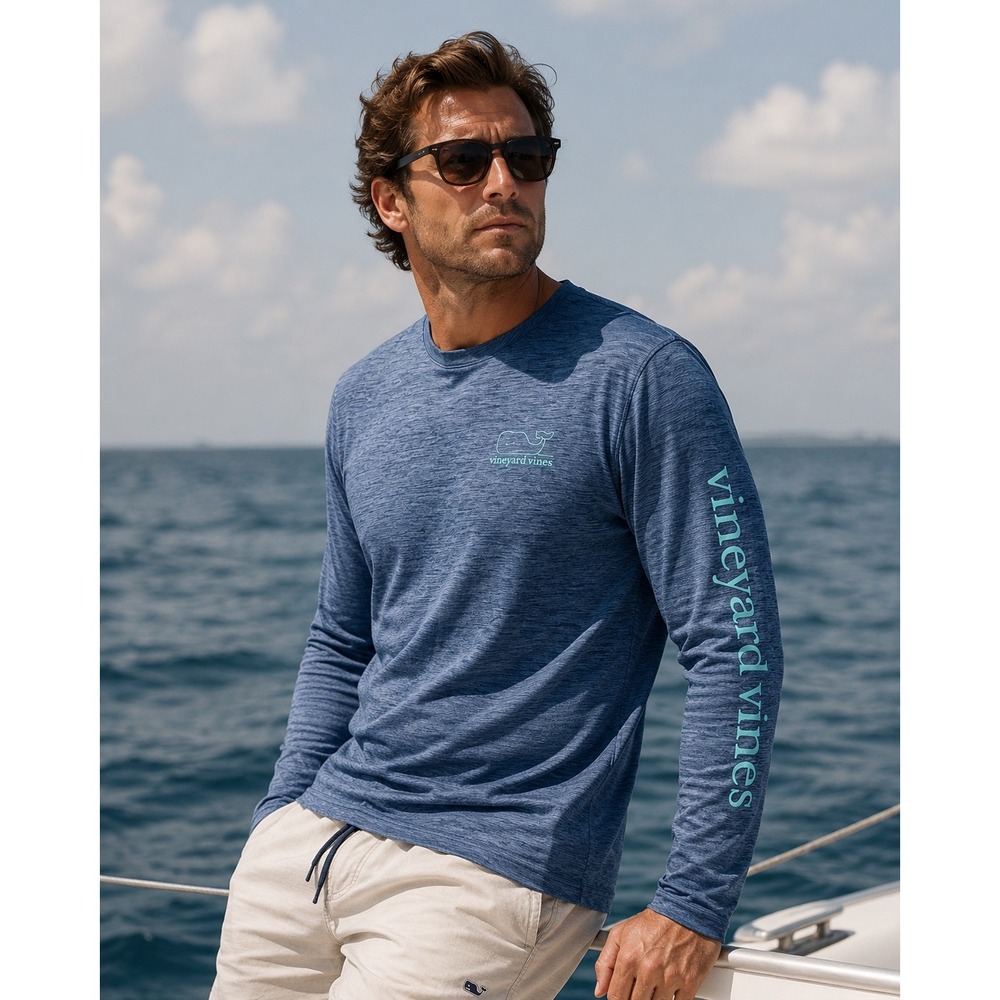 Vineyard Vines Mens Performance Long Sleeve Blue Heather Whale Shirt Size M